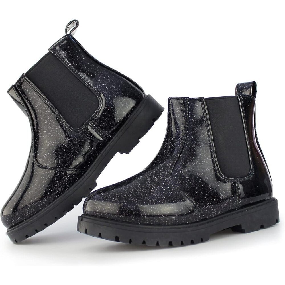 Girl's Black Fashion Shiny Rubber Chelsea Kids Slip-on Lightweight Ankle Boots